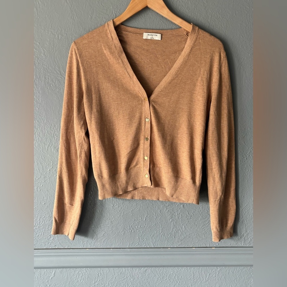 Babaton Lightweight Cardigan Tan Button Front Viscose Blend M (flawed)